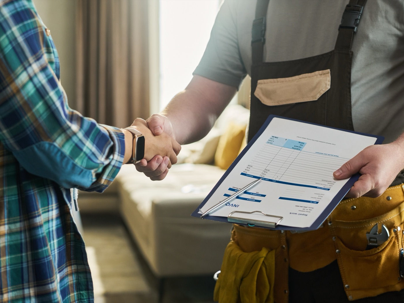 A contractor shaking hands with a homeowner after closing the deal